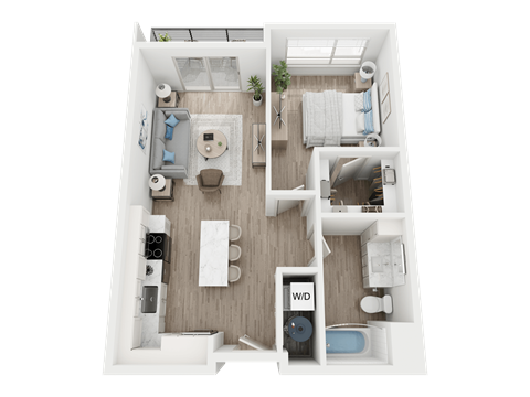 Floor plan for 1 bed, 1 bath, 689 sqft